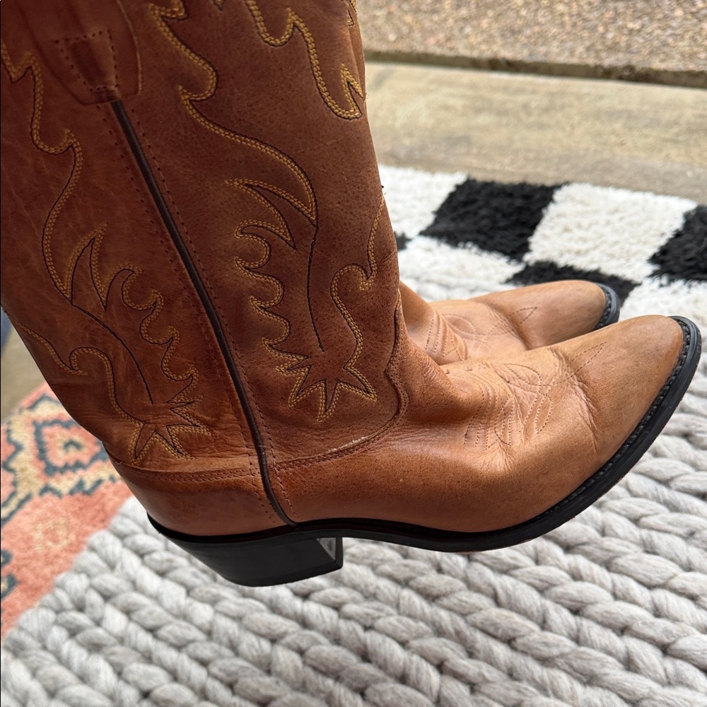 VINTAGE Kids Old West Tan Brown Western Cowboy Boots - yellow & black stitching - Picture 9 of 16